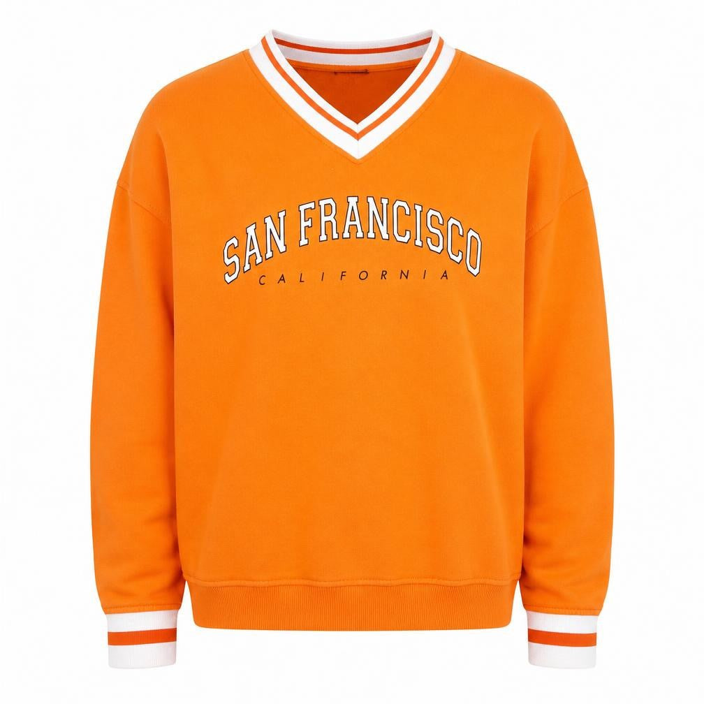 Front view of Primark men’s orange v-neck san francisco sweatshirt xs