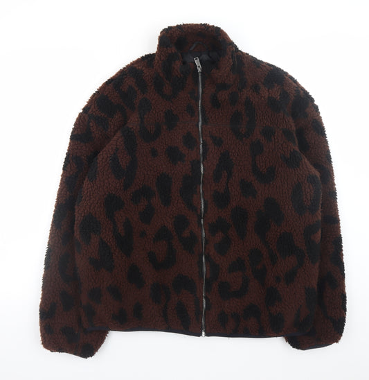 New Look Women Brown Leopard Fleece Full Zip Jacket Size L