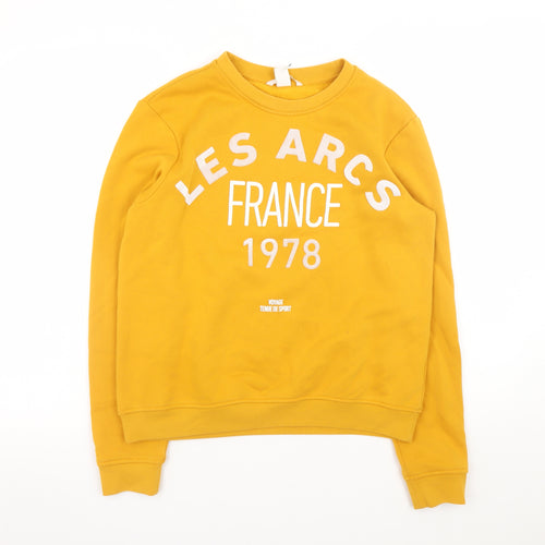 H&M Women's Mustard Yellow Pullover Sweatshirt Size S Graphic Print Cotton Blend