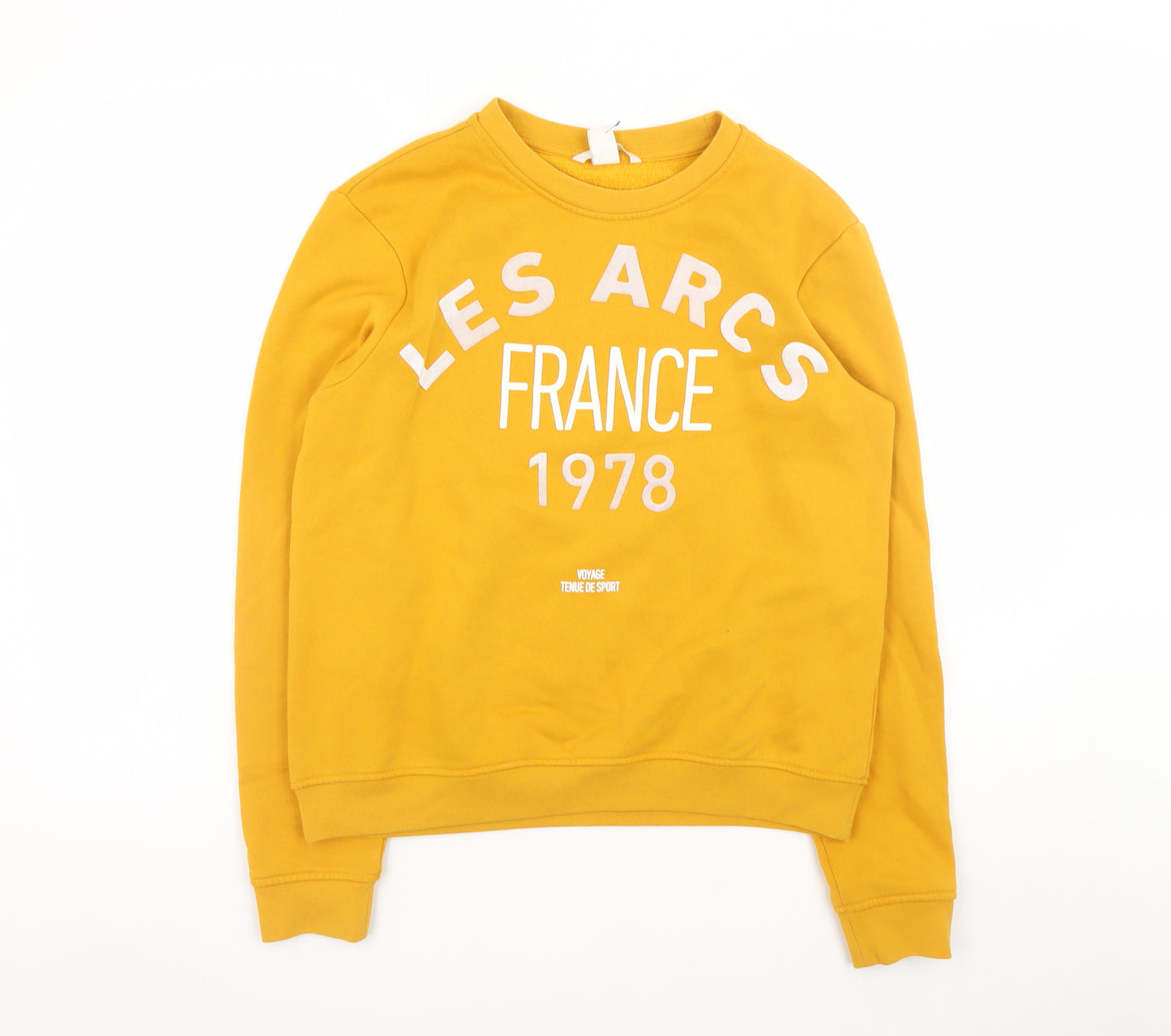 H&M Women's Mustard Yellow Pullover Sweatshirt Size S Graphic Print Cotton Blend