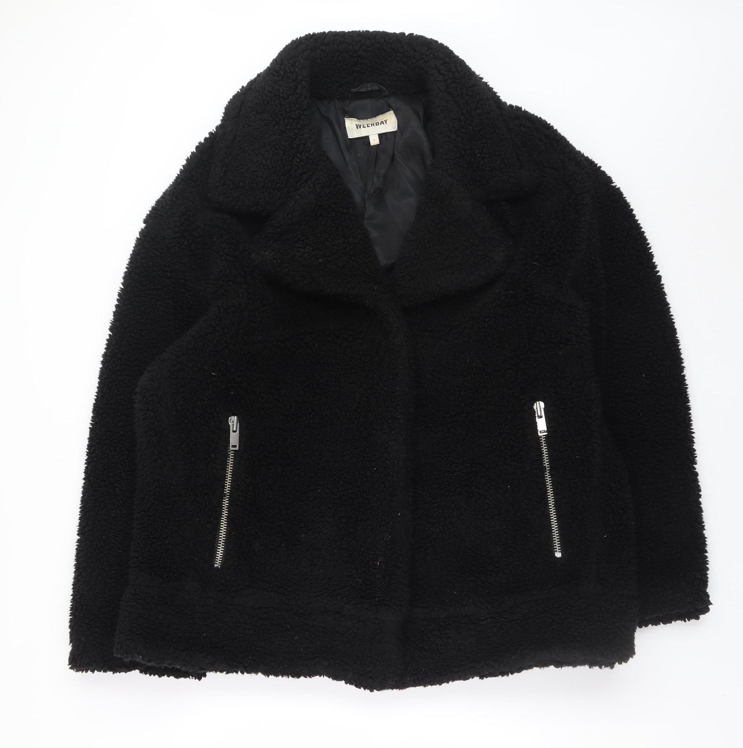 Weekday Women Black Teddy Bomber Jacket Size S Short Zip Fleece