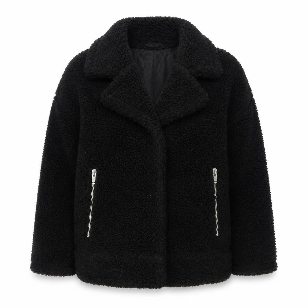 Front view of Weekday Women Black Teddy Bomber Jacket, size S, Short Zip Fleece