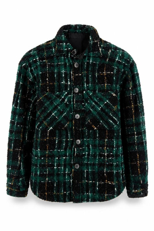 Front view of Undefined Women Green Check Wool Blend Button Down Shacket 2XL