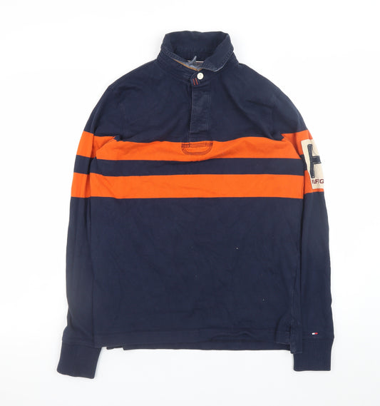 Tommy Hilfiger Men's Blue Orange Striped Long Sleeve Polo Shirt S
