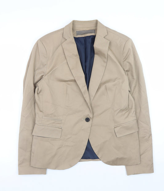 Zara Basic Women Beige Blazer Size 14 Cotton Twill Jacket