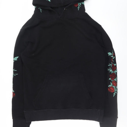 Boohoo Black Rose Embroidered Pullover Hoodie Women M Floral Casual
