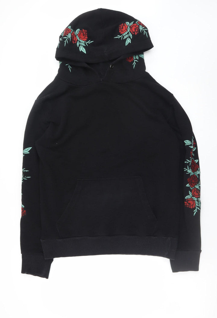 Boohoo Black Rose Embroidered Pullover Hoodie Women M Floral Casual