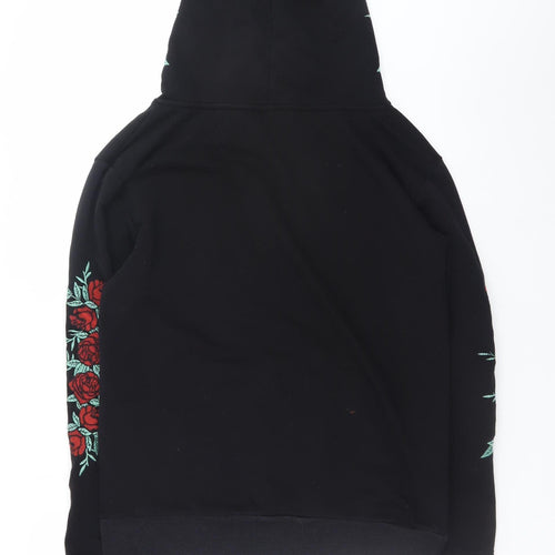 Boohoo Black Rose Embroidered Pullover Hoodie Women M Floral Casual