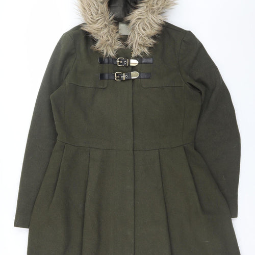 ASOS Women Olive Green Faux Fur Hooded Duffle Coat UK 10 Wool Blend