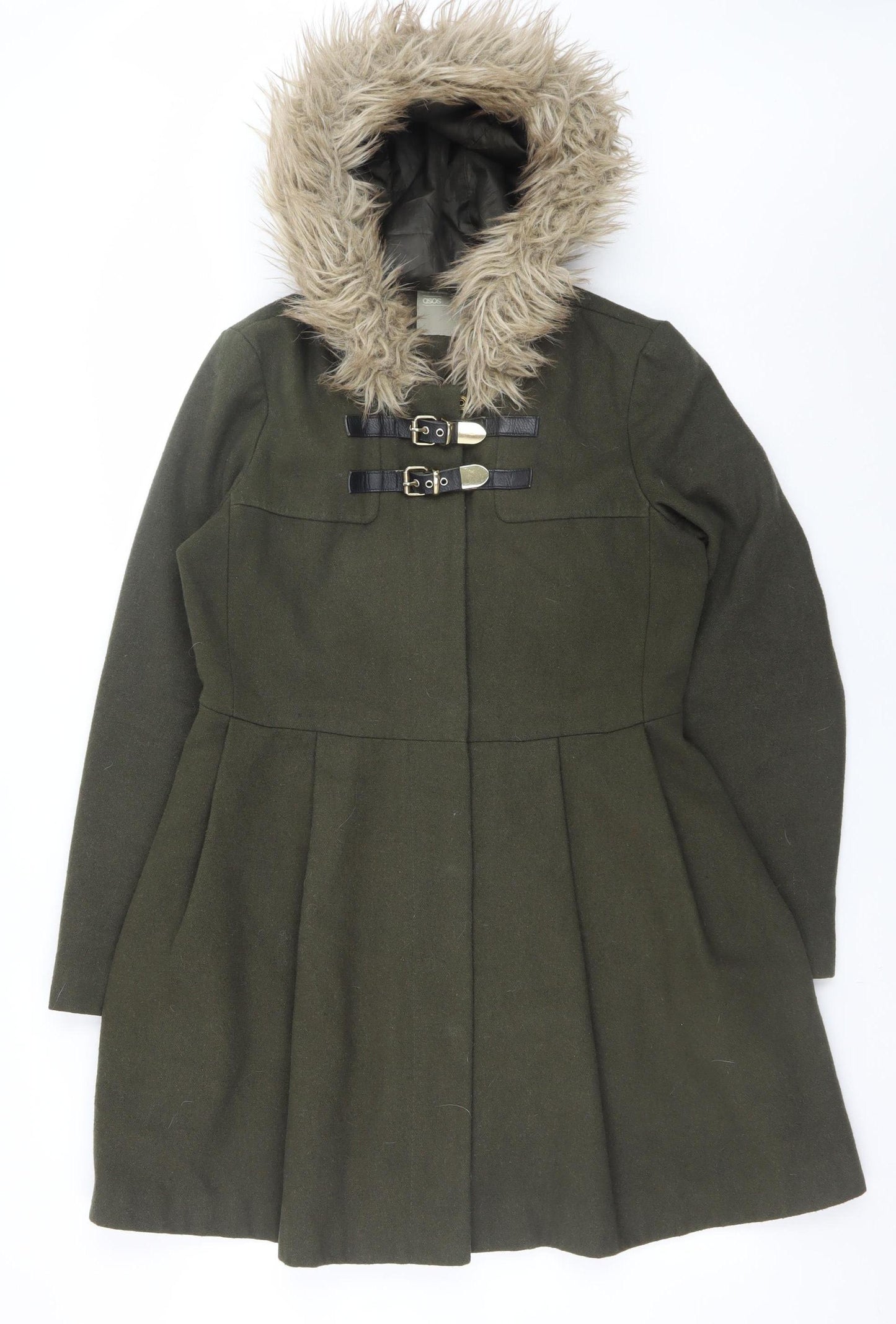 ASOS Women Olive Green Faux Fur Hooded Duffle Coat UK 10 Wool Blend