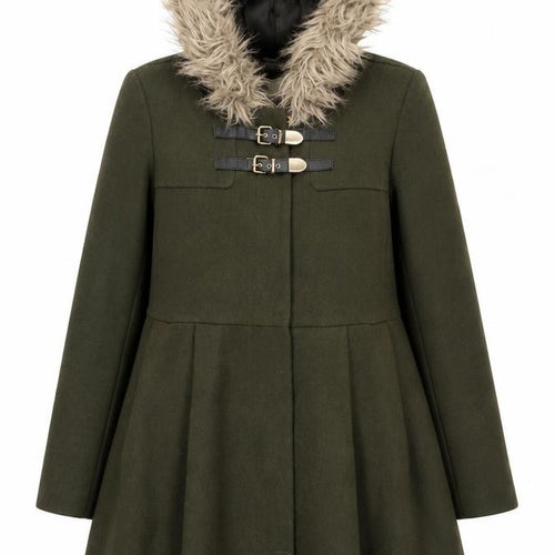 ASOS Women Olive Green Faux Fur Hooded Duffle Coat UK 10 Wool Blend