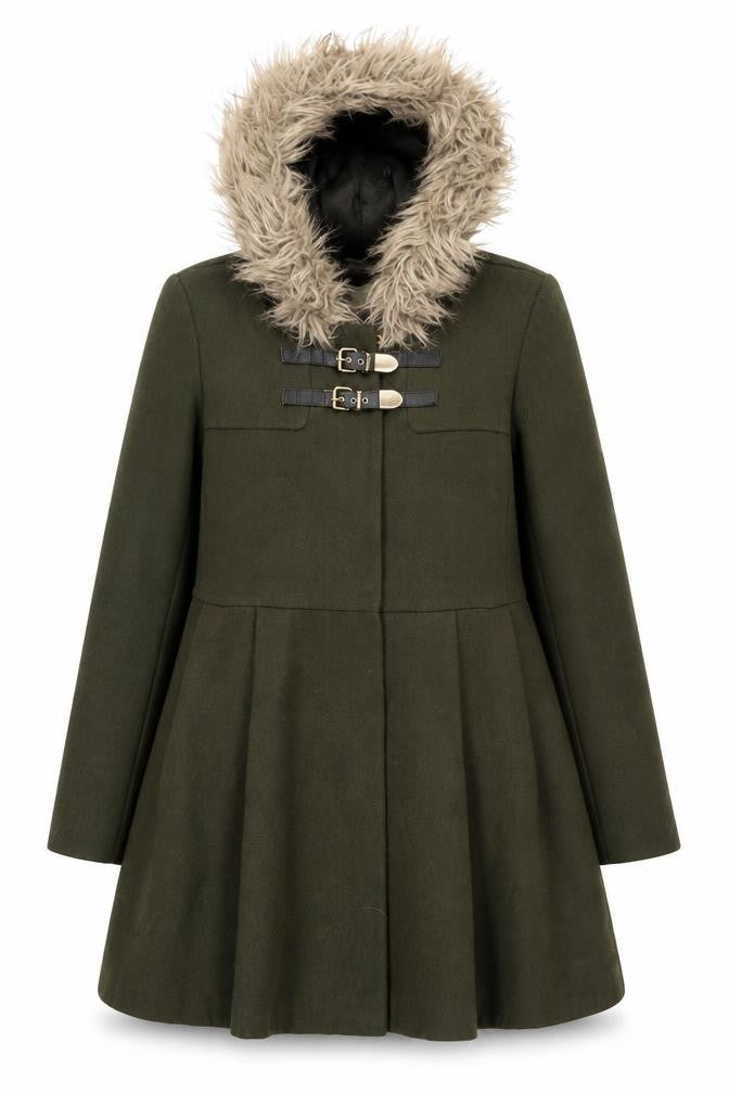 ASOS Women Olive Green Faux Fur Hooded Duffle Coat UK 10 Wool Blend