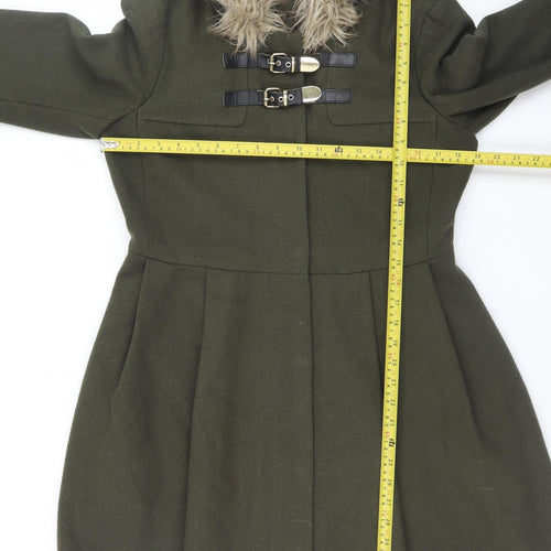 ASOS Women Olive Green Faux Fur Hooded Duffle Coat UK 10 Wool Blend