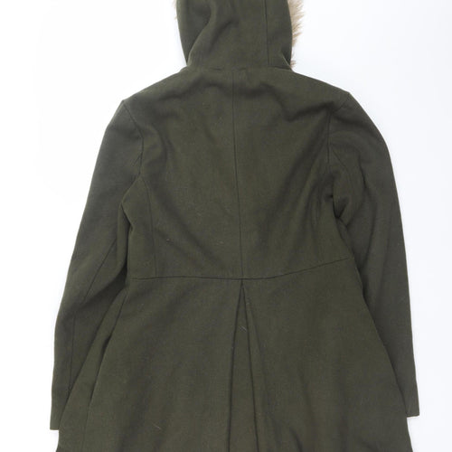 ASOS Women Olive Green Faux Fur Hooded Duffle Coat UK 10 Wool Blend