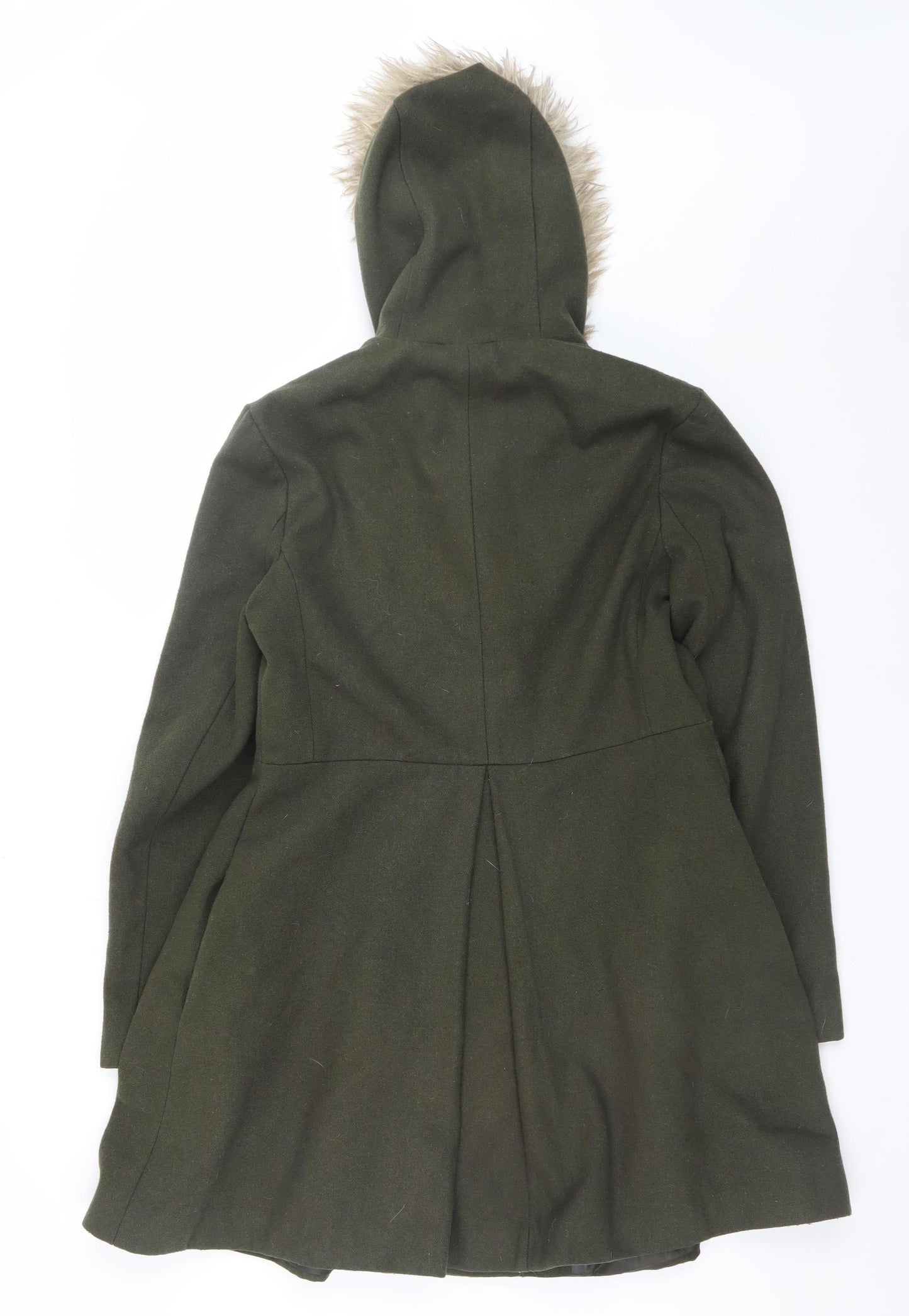 ASOS Women Olive Green Faux Fur Hooded Duffle Coat UK 10 Wool Blend