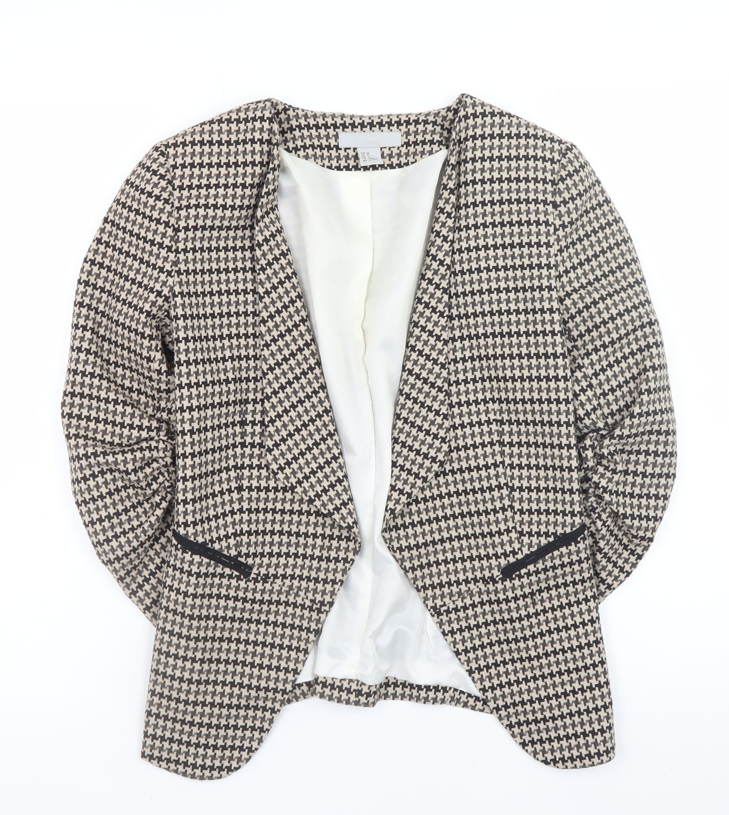 H&M Women Beige Houndstooth Blazer Jacket Size 8 Classic Lined Workwear