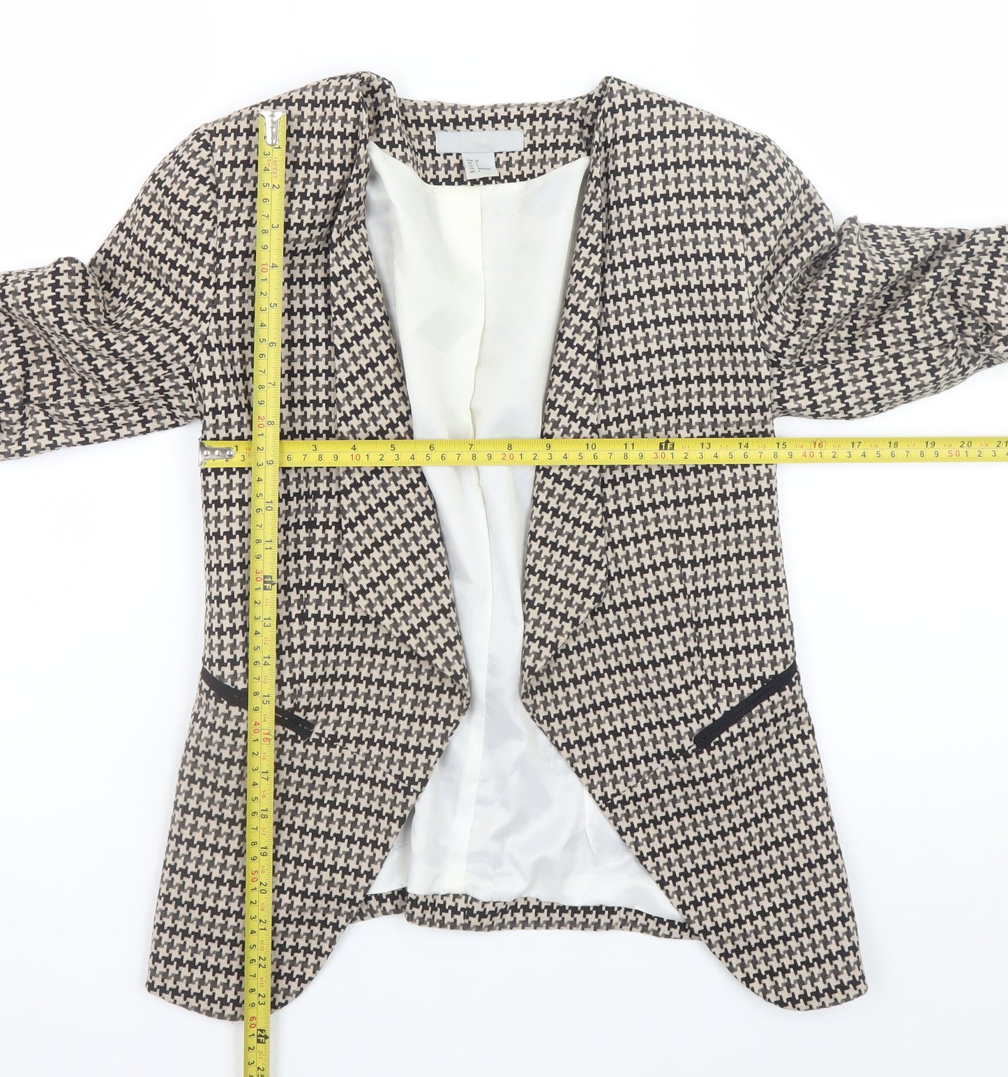 H&M Women Beige Houndstooth Blazer Jacket Size 8 Classic Lined Workwear