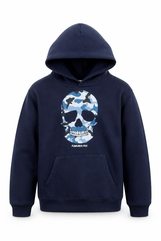 Front view of Kangaroo Poo boys’ blue camouflage skull pullover hoodie 9-10 years