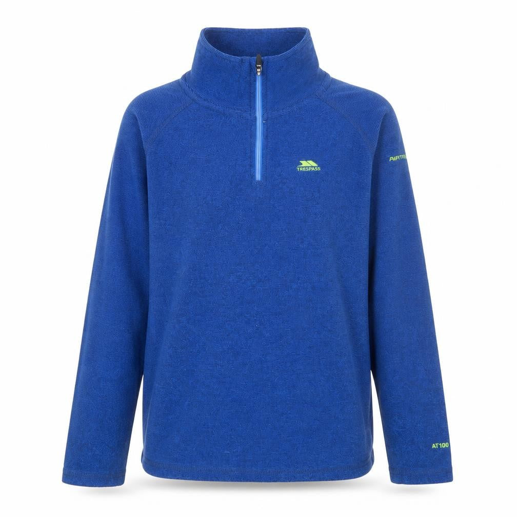 Front view of Trespass boys’ blue 11-12 years fleece 1/4 zip pullover sweatshirt