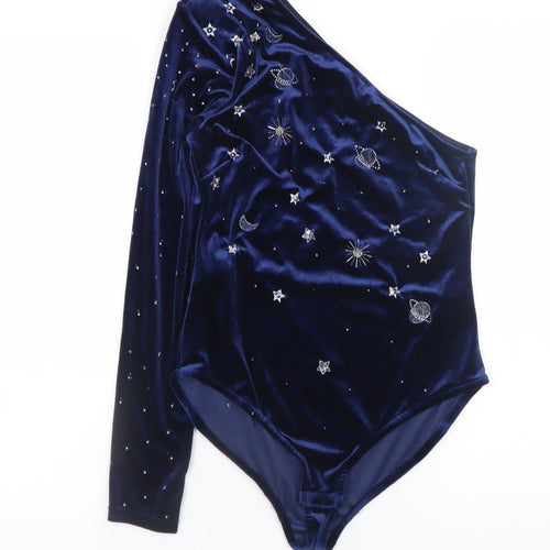 Mango Women Blue Velvet One Shoulder Beaded Party Bodysuit Size 10