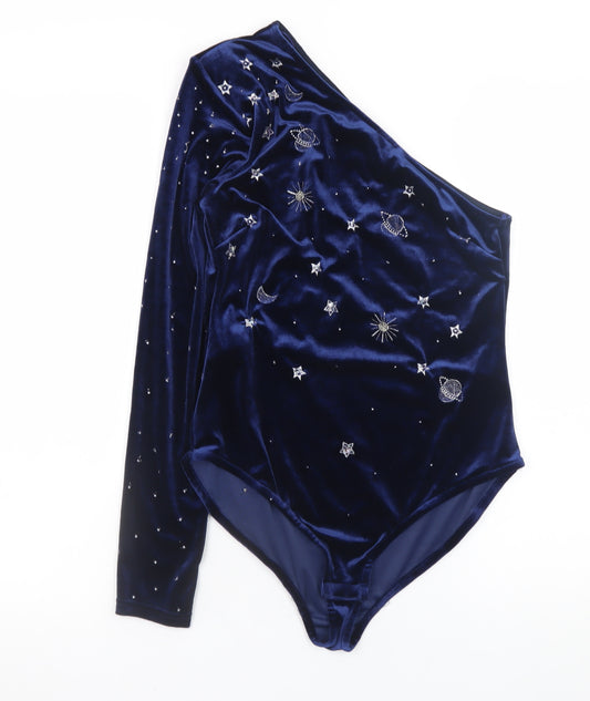 Mango Women Blue Velvet One Shoulder Beaded Party Bodysuit Size 10