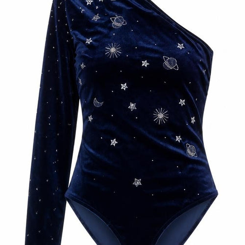 Mango Women Blue Velvet One Shoulder Beaded Party Bodysuit Size 10