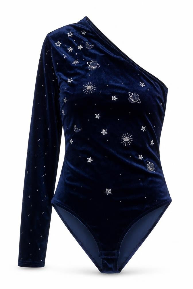Mango Women Blue Velvet One Shoulder Beaded Party Bodysuit Size 10