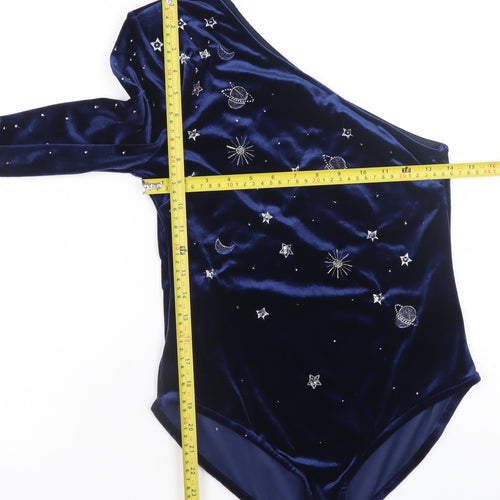 Mango Women Blue Velvet One Shoulder Beaded Party Bodysuit Size 10