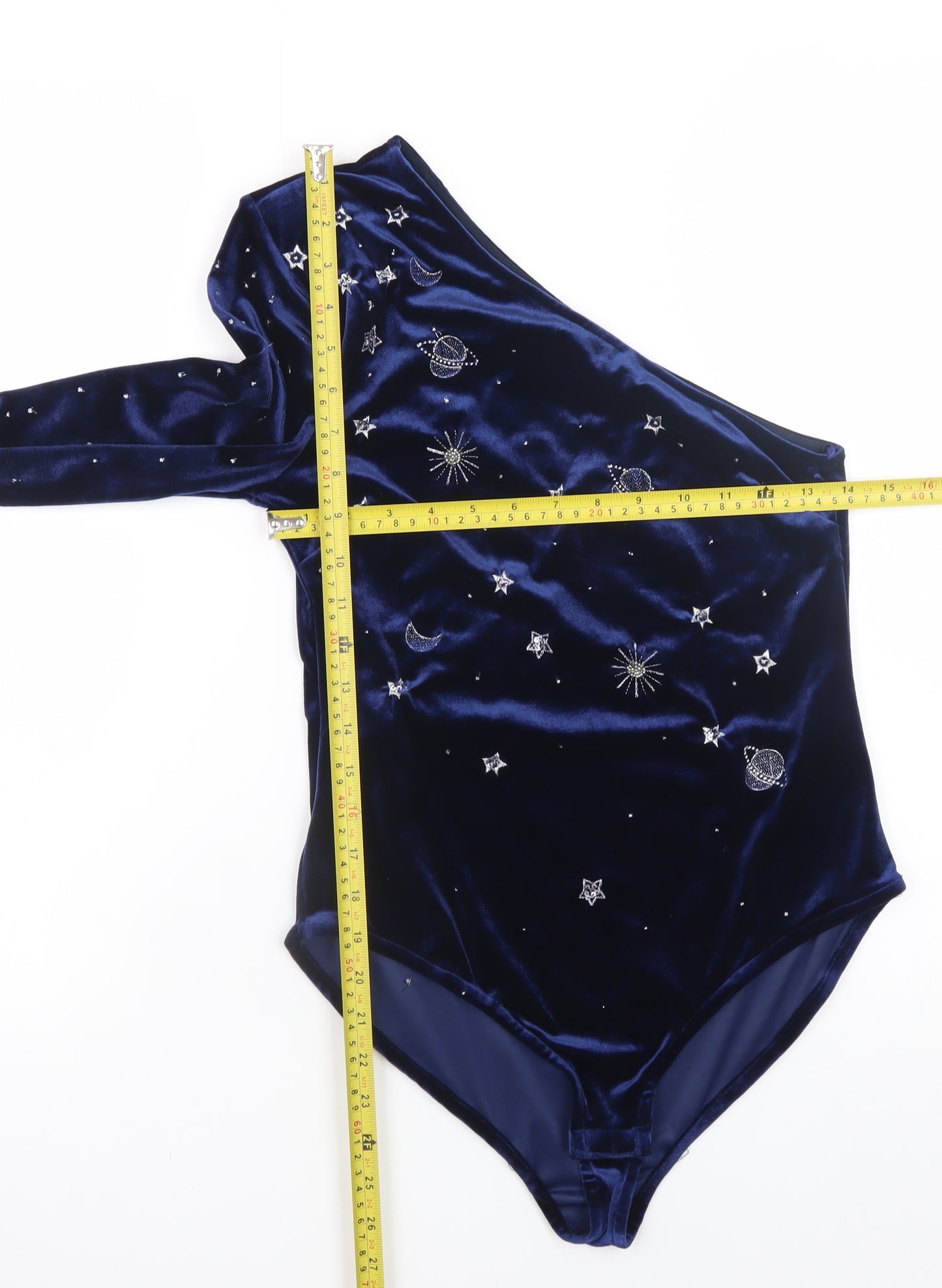 Mango Women Blue Velvet One Shoulder Beaded Party Bodysuit Size 10