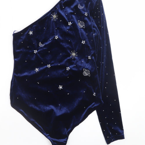 Mango Women Blue Velvet One Shoulder Beaded Party Bodysuit Size 10