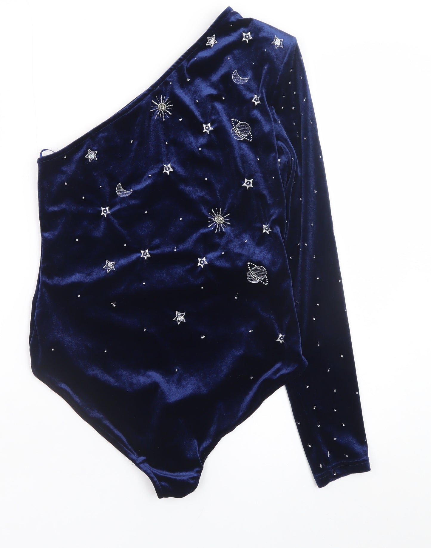 Mango Women Blue Velvet One Shoulder Beaded Party Bodysuit Size 10