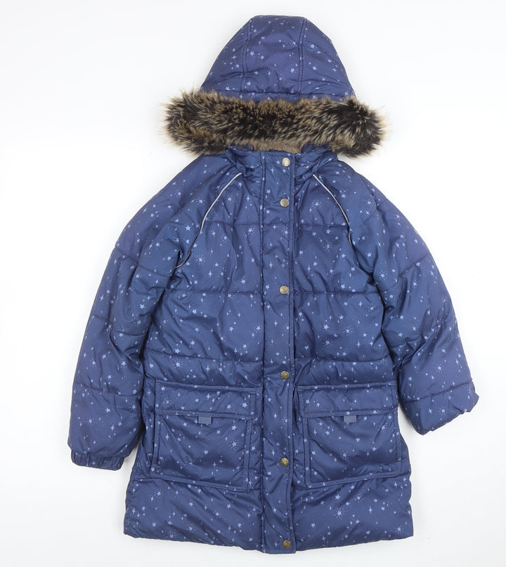 FatFace Girls Blue Star Print Hooded Puffer Coat 9-10 Years Winter Jacket