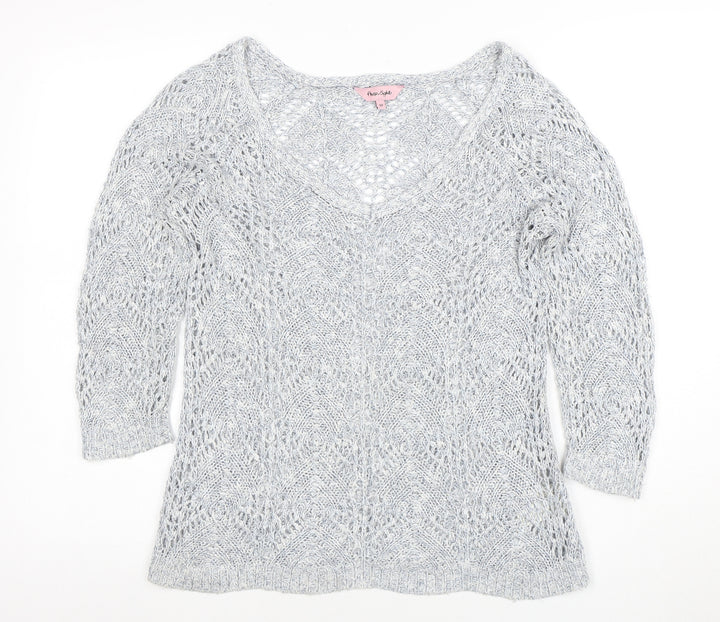 Phase Eight Women’s Grey Open-Knit V-Neck Jumper Size 10