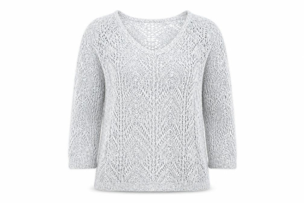 Front view of Phase Eight Women’s Grey Open-Knit V-Neck Jumper, size UK 10