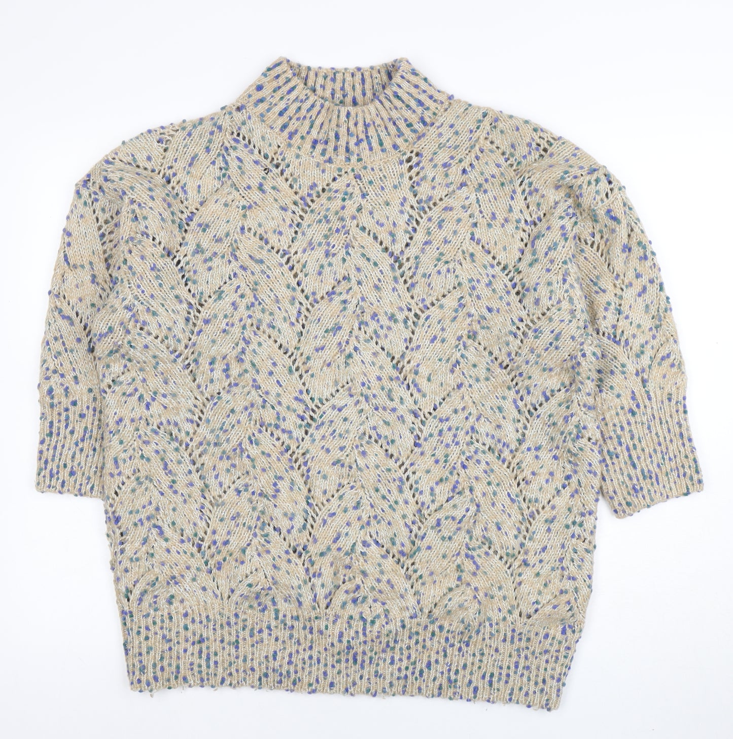 Julipa Womens Beige Open-Knit High Neck Short Sleeve Pullover Jumper Size 20