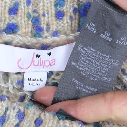 Julipa Womens Beige Open-Knit High Neck Short Sleeve Pullover Jumper Size 20