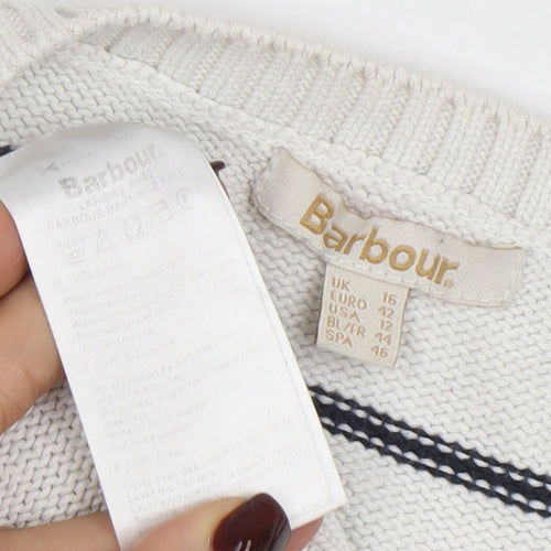 Barbour Women White Striped Cotton Jumper Size 16 Nautical Pullover
