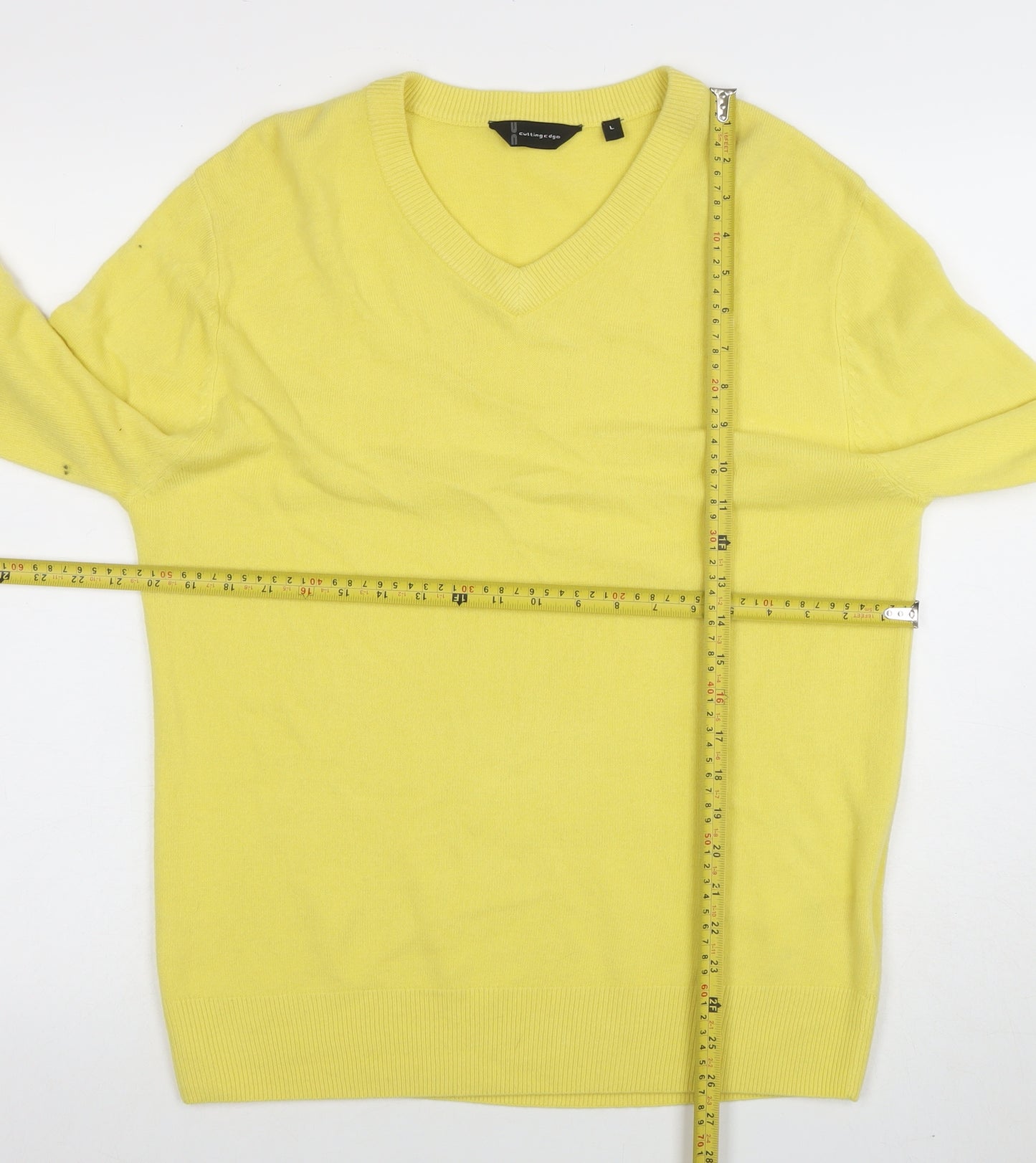 Cutting Edge Mens Yellow V-Neck Acrylic Jumper L Regular Fit