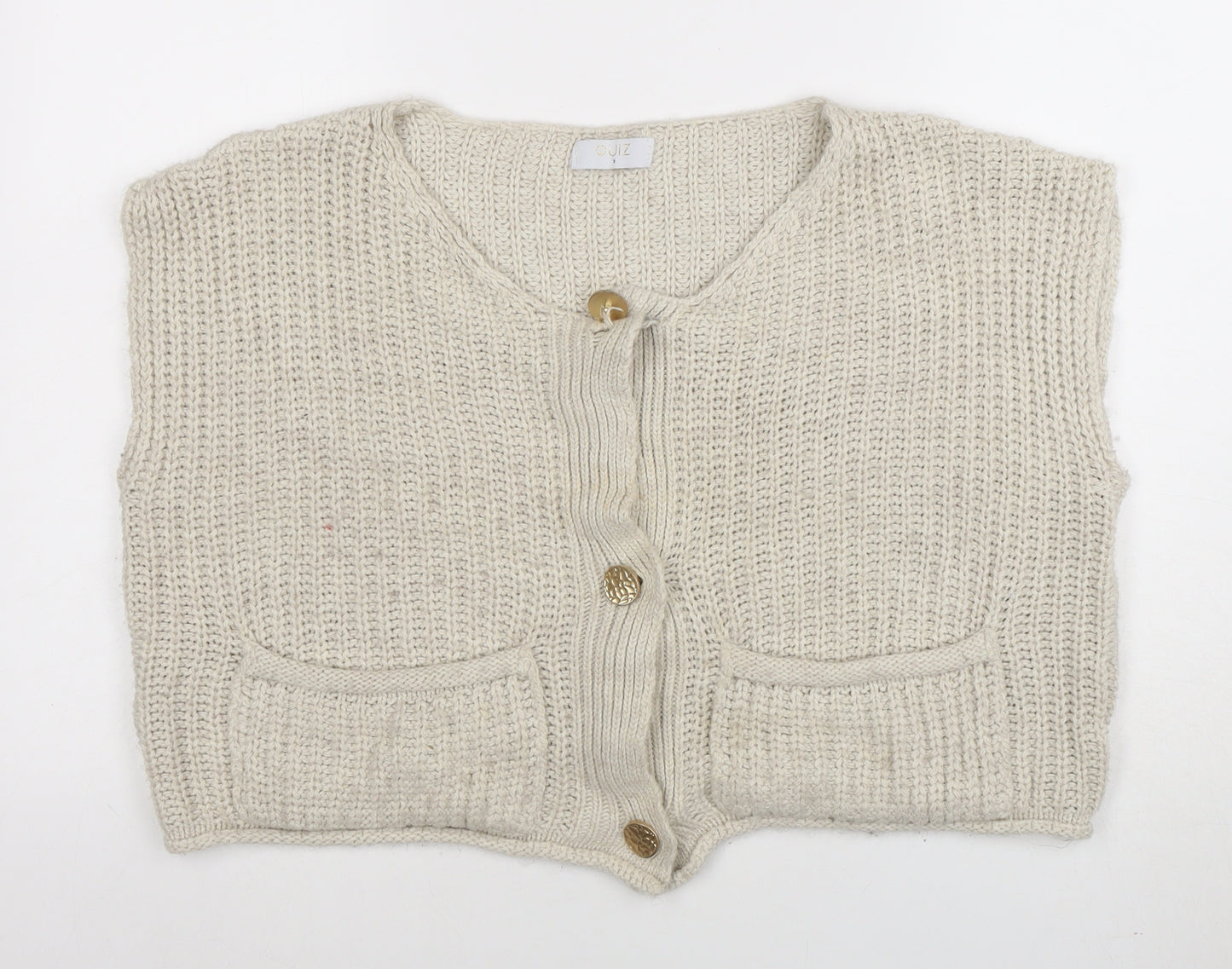 Quiz Women's Beige Sleeveless Chunky Knit Button Cardigan S