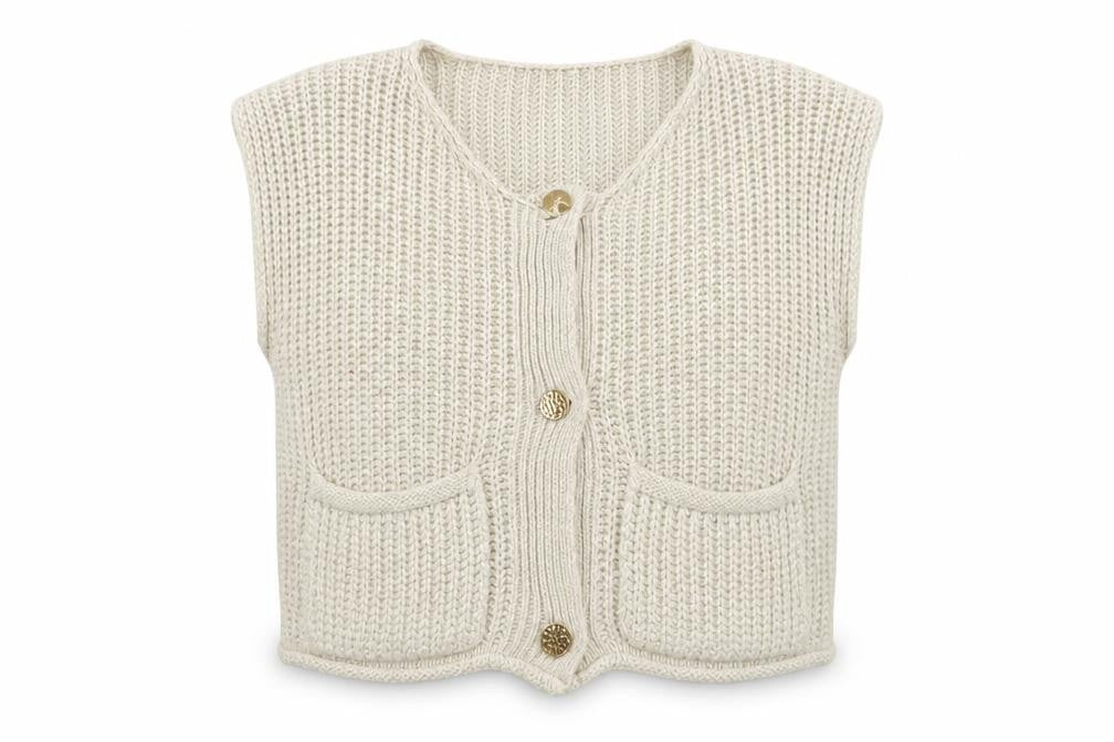 Front view of Quiz Women's Beige Sleeveless Chunky Knit Button Cardigan S