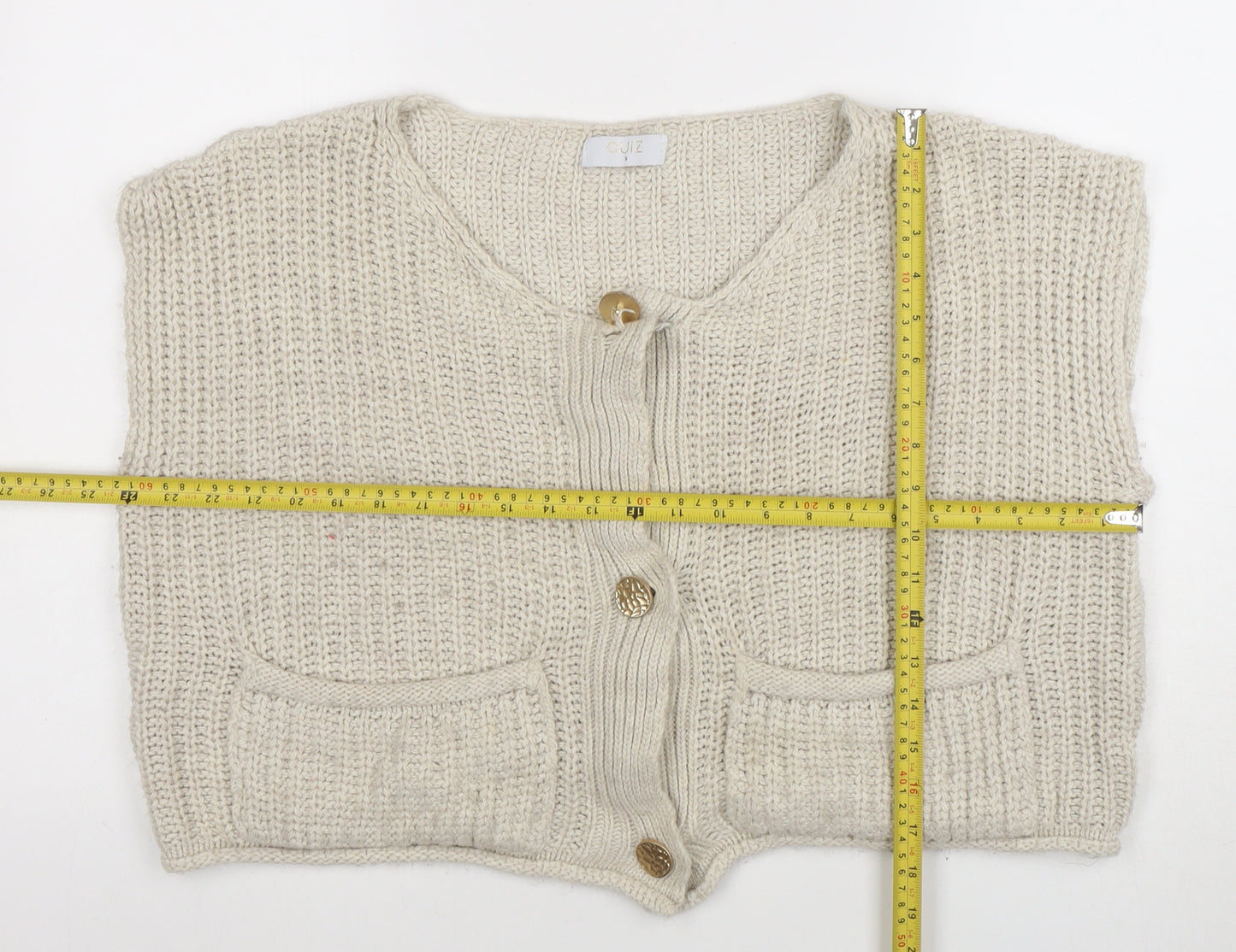 Quiz Women's Beige Sleeveless Chunky Knit Button Cardigan S
