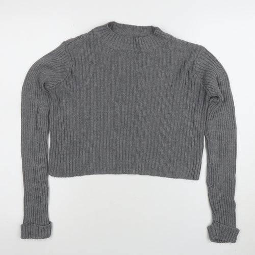 Pull&Bear Womens Grey Mock Neck Rib Knit Jumper Size 10