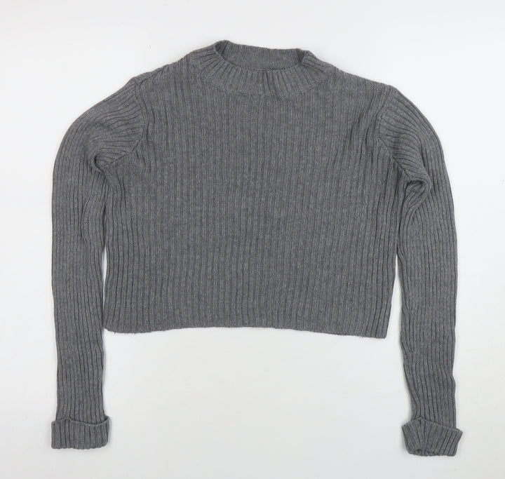 Pull&Bear Womens Grey Mock Neck Rib Knit Jumper Size 10