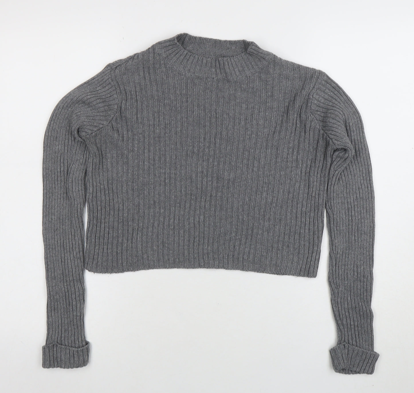 Pull&Bear Womens Grey Mock Neck Rib Knit Jumper Size 10