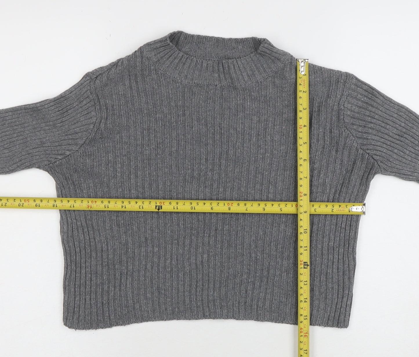 Pull&Bear Womens Grey Mock Neck Rib Knit Jumper Size 10