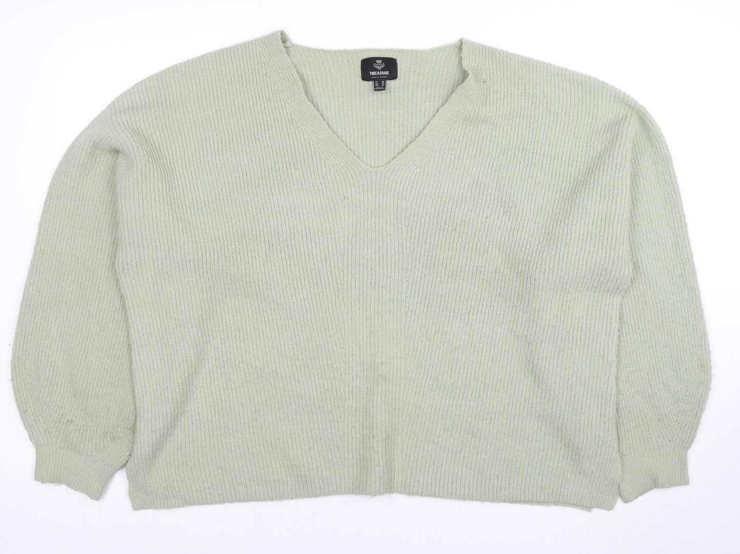 Threadbare Women's Green V-Neck Relaxed Knit Jumper Size 16
