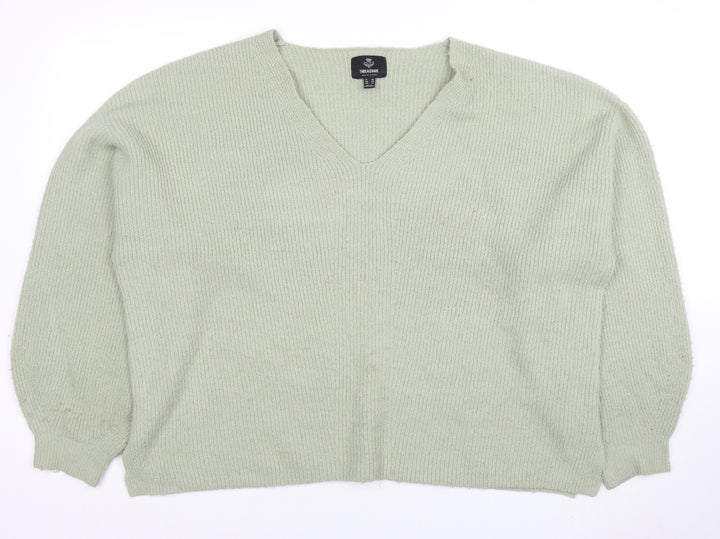 Threadbare Women's Green V-Neck Relaxed Knit Jumper Size 16