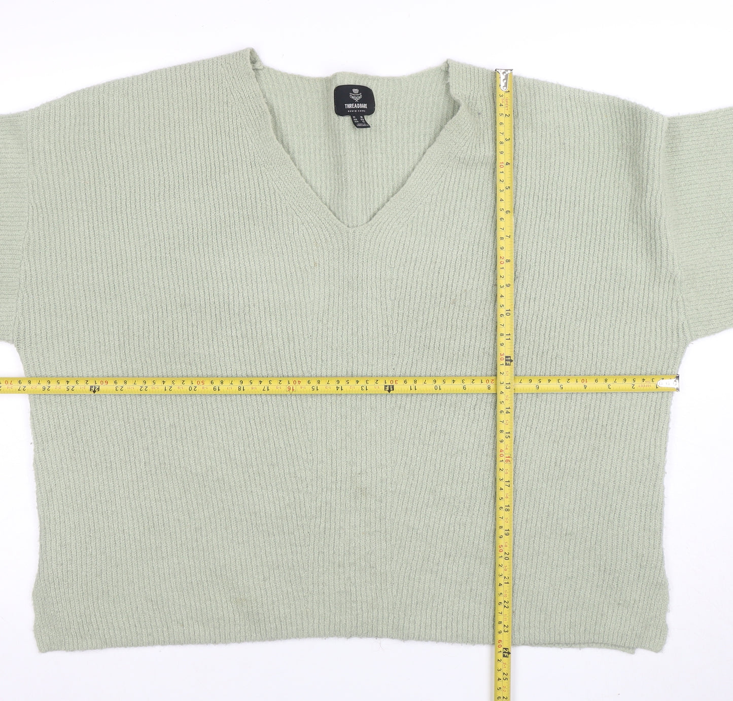 Threadbare Women's Green V-Neck Relaxed Knit Jumper Size 16