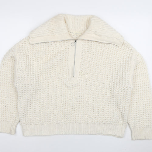 Pull & Bear Women's Ivory Chunky Half Zip Knit Jumper Size S
