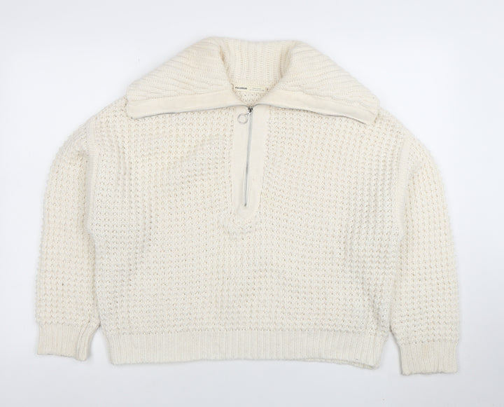Pull & Bear Women's Ivory Chunky Half Zip Knit Jumper Size S